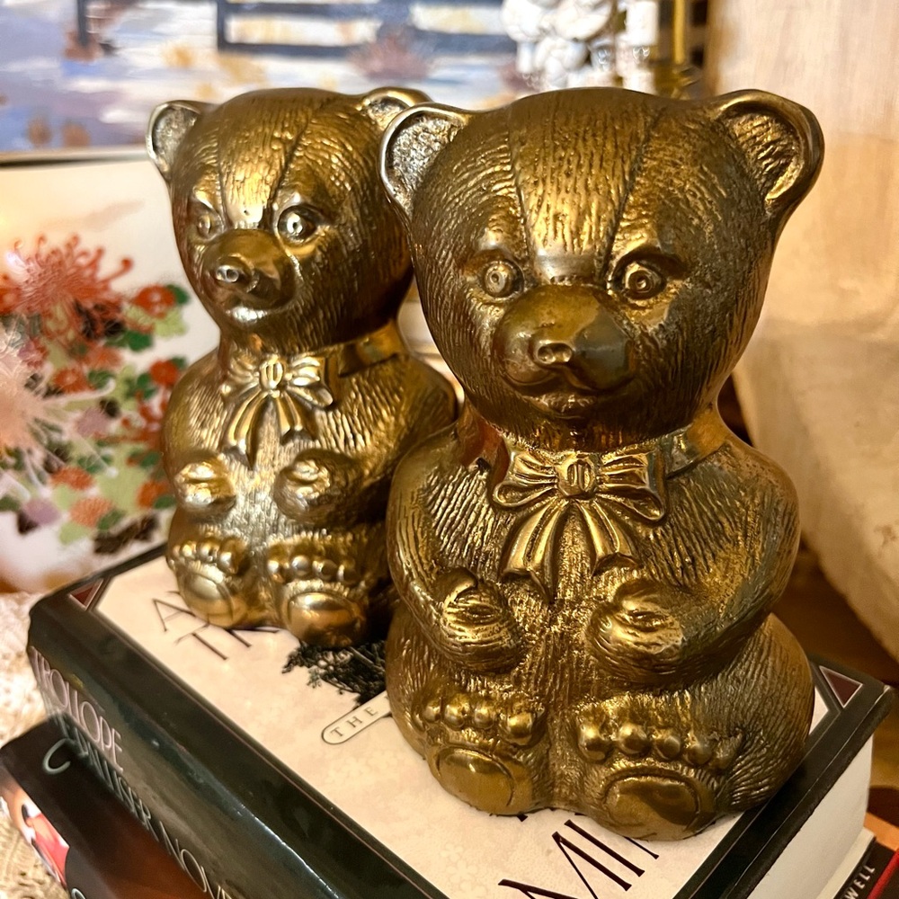 Vintage Pair Brass Teddy Bear Bookends Nursery Decor Mid Century Boho - Picture 3 of 5